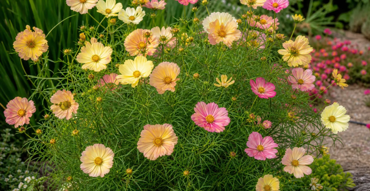 Schmuckkörbchen 'Apricot Lemon' (Cosmos bipinnatus 'Apricot Lemon') – Pflanzenfoto