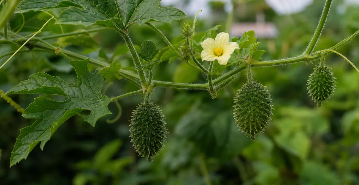spiny gourd or spine gourd or teasle gourd and also known as bristly balsam pea (Momordica dioica) –